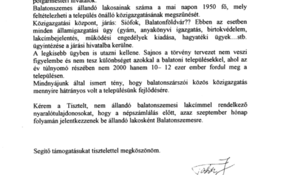 A Balatonszemesi Fürdőegyesület elnökének levele az önkormányzat polgármesterének felhívására – 2011