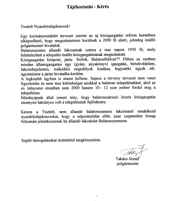 A Balatonszemesi Fürdőegyesület elnökének levele az önkormányzat polgármesterének felhívására – 2011